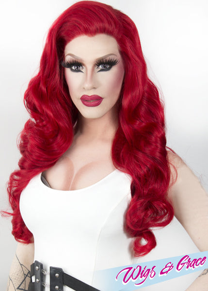 RED FATIMA - Wigs and Grace , drag queen wig, drag queen, lace front wig, high quality wig, rupauls drag race wig, rpdr wig, kim chi wig
