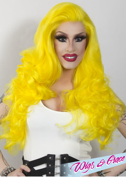 BLARING YELLOW FATIMA - Wigs and Grace , drag queen wig, drag queen, lace front wig, high quality wig, rupauls drag race wig, rpdr wig, kim chi wig
